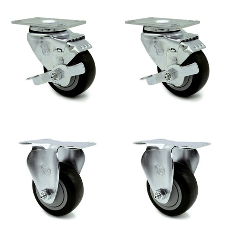Service Caster 3.5 Inch Black Polyurethane Swivel Top Plate Caster Set with 2 Brake 2 Rigid SCC SCC-20S3514-PPUB-BLK-TLB-TP2-2-R-2